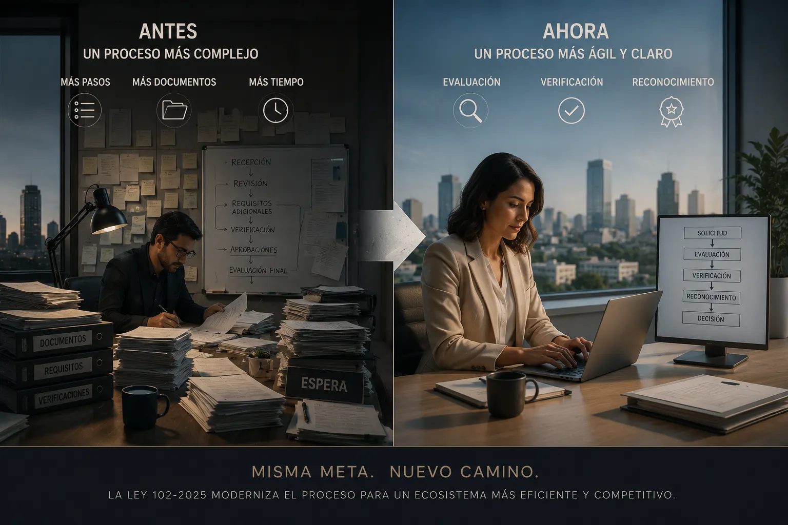 Comparación visual del proceso antes y ahora con la Ley 102-2025